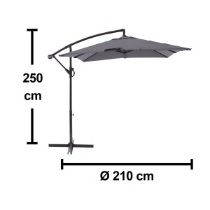 Szary parasol na wysięgniku t.b.t. o wymiarach 250 x 210 cm do ogrodu lub na taras.