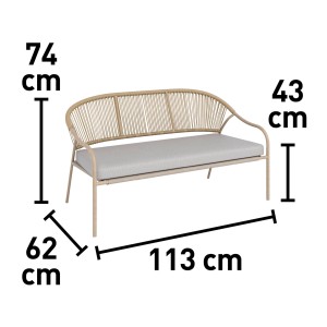 Wymiary ławki ogrodowej t.b.t.: 74 cm wysokości, 113 cm szerokości, 62 cm głębokości.