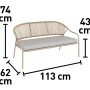 Wymiary ławki ogrodowej t.b.t.: 74 cm wysokości, 113 cm szerokości, 62 cm głębokości.
