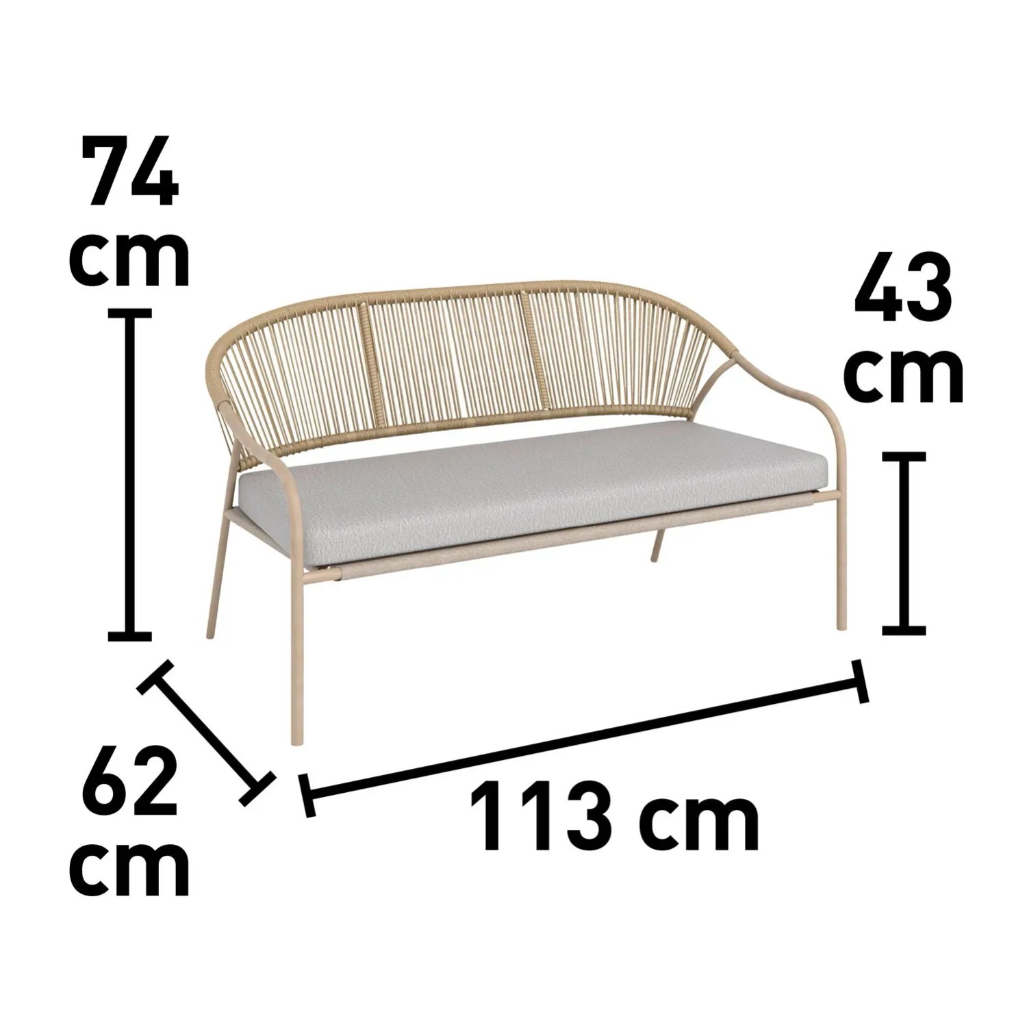 Wymiary ławki ogrodowej t.b.t.: 74 cm wysokości, 113 cm szerokości, 62 cm głębokości.