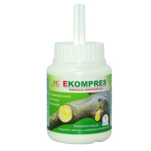 Biała butelka maści ogrodniczej "t.b.t." do ochrony drzew.