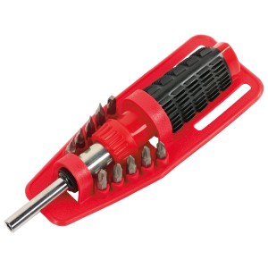 12-częściowy zestaw wkrętaków i bitów z grzechotką w czerwonym uchwycie.