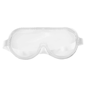 Przezroczyste gogle ochronne z pełnym widokiem i gumką, zapewniające optymalną ochronę oczu podczas pracy.