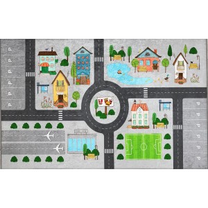 Dywan do zabawy z motywem miasta, ulicami, domami i parkingami.