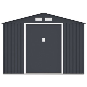 Szary metalowy domek narzędziowy t.b.t. z białą ramą drzwi i kratkami wentylacyjnymi.