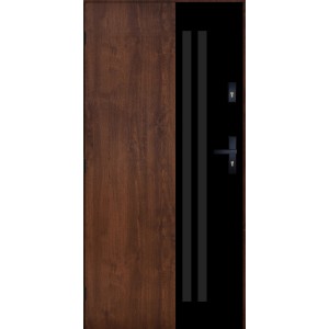 Nowoczesne drzwi zewnętrzne z efektem drewna i czarnymi akcentami.