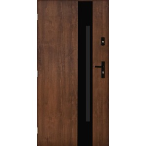 Brązowe drzwi zewnętrzne z czarnym akcentem i klamką. Drzwi wejściowe OBI.