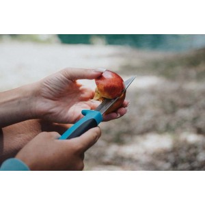 Ręce obierają brzoskwinię małym nożem ogrodowym.