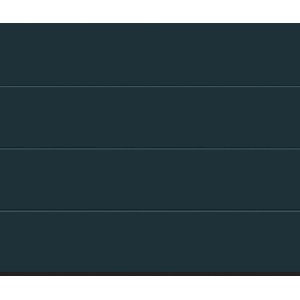 Ciemnoniebieska brama garażowa z poziomymi liniami.