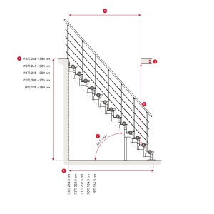 Rysunek techniczny schodów z wymiarami do wnętrz.