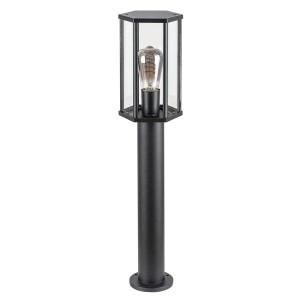 Czarna lampa zewnętrzna t.b.t. z przezroczystym szkłem i dekoracyjną żarówką.