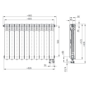 Rysunek techniczny grzejnika t.b.t. z wymiarami.