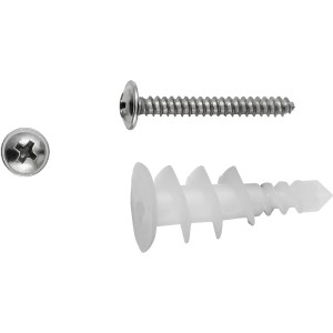 Kołki do płyt gipsowo-kartonowych LUX ze śrubami, zestaw 4 szt., odpowiednie do mocowania w ścianach z płyt gipsowo-kartonowych.