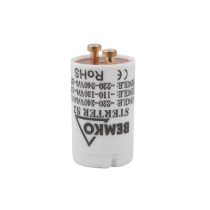 Starter BEMKO S2 do montażu lamp, biała obudowa ze złotymi stykami.