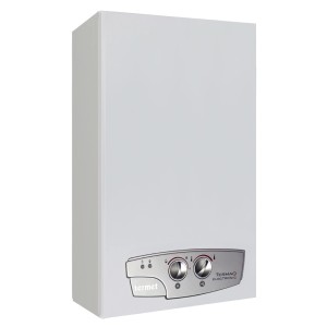 Biały przepływowy ogrzewacz wody Termet do montażu na ścianie.