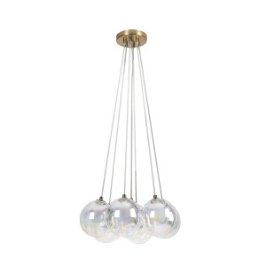 Nowoczesna lampa wisząca z połyskującymi szklanymi kulami i złotym zawieszeniem.