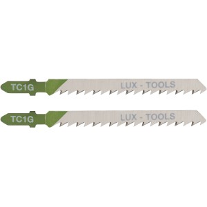 Dwa brzeszczoty LUX do wyrzynarki do drewna, 75 mm, z chwytem T i grubym uzębieniem.