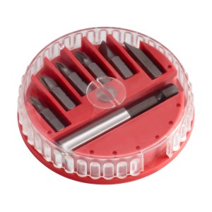 Bitbox 7-częściowy: Zestaw bitów do wkrętaka z rowkiem, krzyżakiem i uchwytem w czerwonym pudełku.