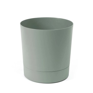 Szara, okrągła doniczka t.b.t. do użytku wewnątrz i na zewnątrz.