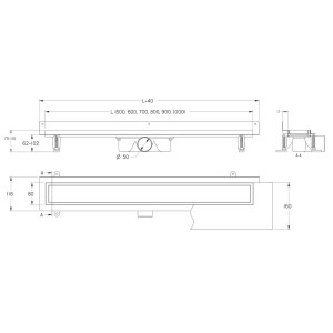 Rysunek techniczny odwodnienia liniowego t.b.t. z wymiarami.