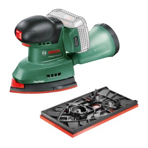 Szlifierka akumulatorowa Bosch UniversalSander 18V-10 z pojemnikiem na pył i oddzielną prostokątną stopą.