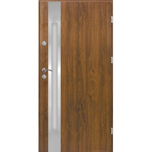 Brązowe drzwi zewnętrzne z wstawką szklaną i srebrną klamką.