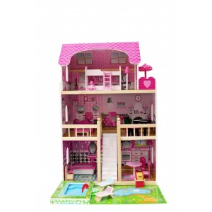 Różowy drewniany domek dla lalek z meblami i basenem do zabawy dla dzieci.