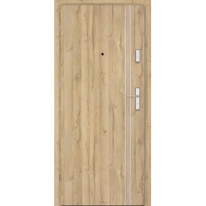 Drzwi wewnętrzne t.b.t. o wyglądzie drewna z okuciami w kolorze srebrnym.