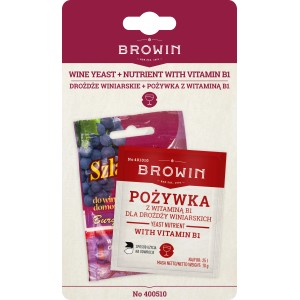 t.b.t. Browin: Drożdże winiarskie i pożywka z witaminą B1 do wyrobu wina.
