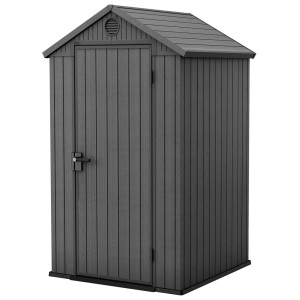 Szara plastikowa szopa narzędziowa t.b.t. do ogrodu lub na patio.