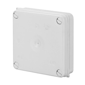 Biała puszka t.b.t. do suchej zabudowy, kwadratowa, ze śrubami.