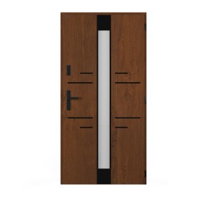 Nowoczesne drzwi zewnętrzne w kolorze drewna z szybą i czarnymi akcentami.