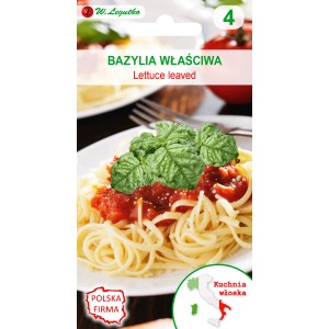 Zdjęcie opakowania nasion bazylii 'Lettuce Leaved' z daniem spaghetti.