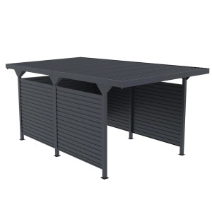 Szara wiata garażowa t.b.t. z elementami ścian lamelowych.