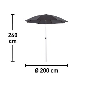 Antracytowy parasol ogrodowy, Ø 200 cm, z funkcją nachylania na balkon lub patio.