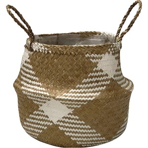 Ręcznie pleciona osłonka/koszyk na zioła, naturalny kolor z białymi akcentami i uchwytami.