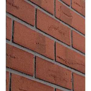 Zbliżenie na czerwone płytki elewacyjne / klinkier t.b.t do użytku wewnętrznego i zewnętrznego.