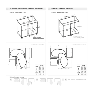 Rysunek techniczny: System do szafki narożnej t.b.t. do kuchni, różne wersje.