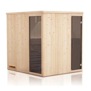 Sauna t.b.t. wykonana z jasnego drewna, z szklanymi drzwiami i oknem.