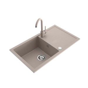 Beżowy zlewozmywak granitowy z ociekaczem i pasującą baterią.