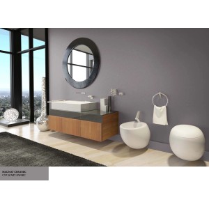 Nowoczesna łazienka z umywalką, lustrem i ceramiką w kolorze szarym. Kolorowa farba do ścian.