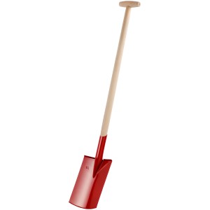 Czerwony szpadel ogrodowy z drewnianą rączką, długość 85 cm, do prac ogrodowych.