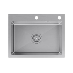 Zlewozmywak ze stali nierdzewnej t.b.t., widok z góry. Zlewozmywak z dwoma otworami na baterie i odpływem.