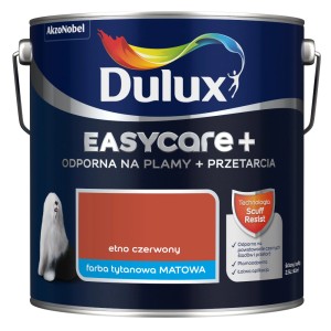 Wiadro z farbą Dulux Easycare+ w kolorze czerwonym: Matowa farba do ścian wewnętrznych, odporna na plamy i łatwa do czyszczenia.