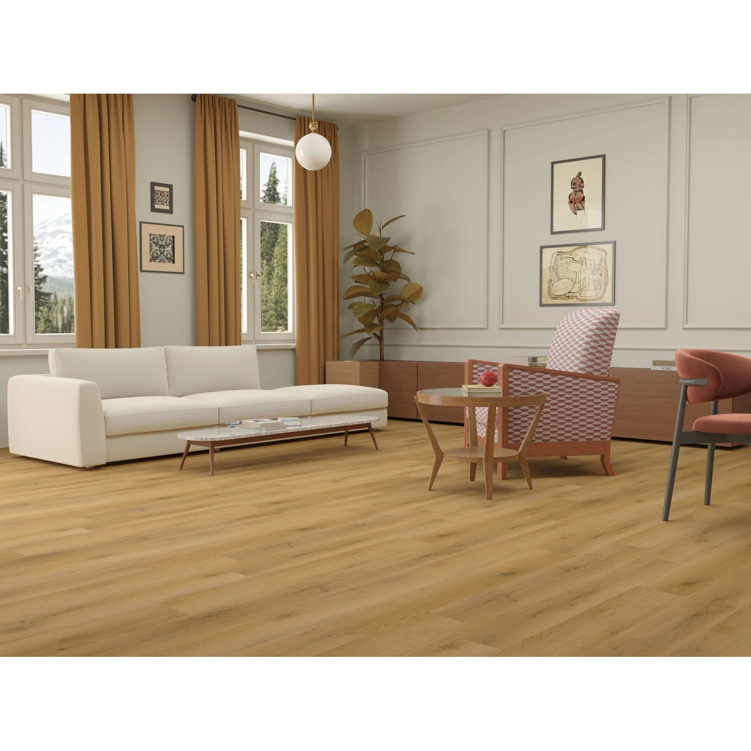 Salon z podłogą winylową Click Prato dąb beżowo-piaskowy