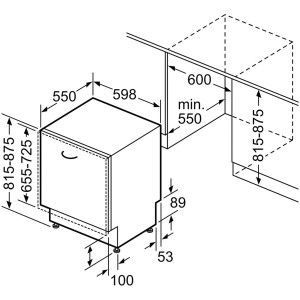 Rysunek techniczny zmywarki do zabudowy z wymiarami.