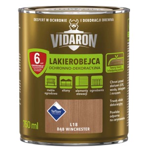 Ciemnobrązowa puszka lakierobejcy Vidaron, odcień Dąb Winchester. Do mebli ogrodowych, płotów i innych.