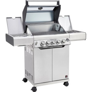 Grill gazowy t.b.t. z półkami bocznymi i szafką dolną.