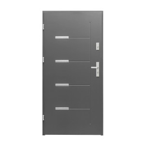 Nowoczesne szare drzwi zewnętrzne z poziomymi elementami dekoracyjnymi i srebrną klamką.