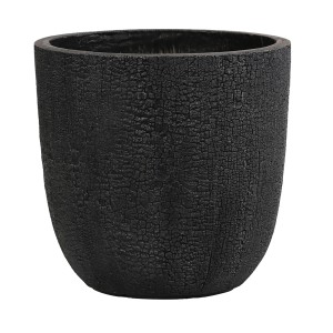 Czarna doniczka t.b.t. o szorstkiej powierzchni do użytku wewnątrz i na zewnątrz.